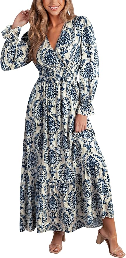 CUPSHE Maxi Dresses for Women V Neck Ruffled Long Sleeve Paisley Smocked Waist A Line Casual Flowy Fall Wedding Guest Dress
