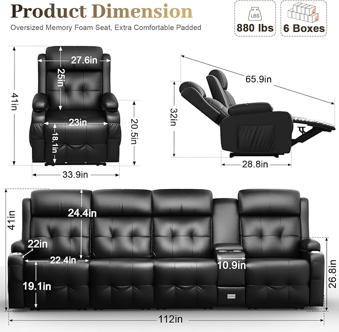 Aotolo Recliner Sofa, 4 Seater Massage Reclining Loveseat Sofa Sets, 1 Single Power Recliner Chairs Heat & Massage, Heavy Weight Capacity, RV Clearance Love Seat Couch with Console, USB, Type C Port