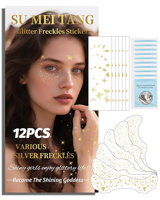 SUMEITANG Glitter Freckles Face Tattoo Patches - 12PCS Temporary Sparkle Face Stickers with 10 Remover Wipes | Waterproof ...