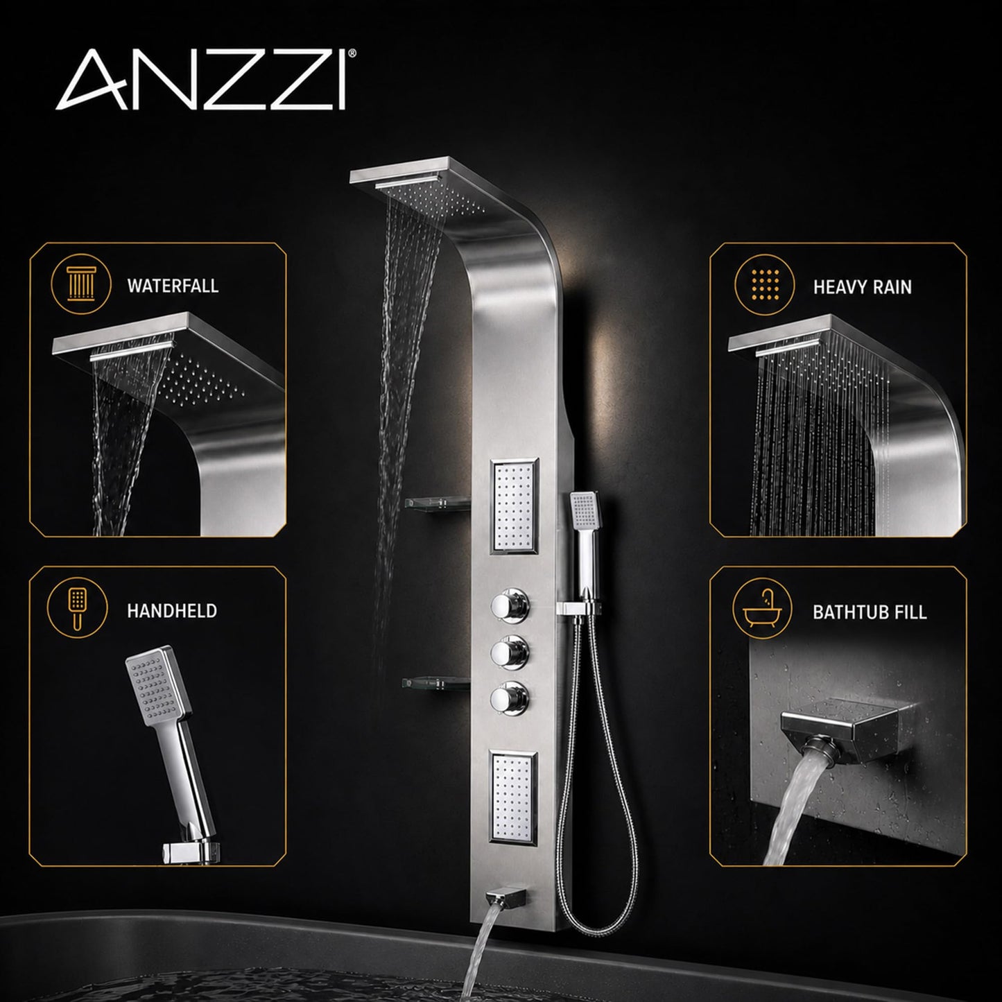 ANZZI Shower Panel Tower, Field 58 inch Long Turbo High Pressure Shower Head and Detachable Handheld Spray Rainfall Shower Panel in Brushed Steel, Rain Shower 1.8 gpm 2 Body Jets Combo (SP-AZ042)