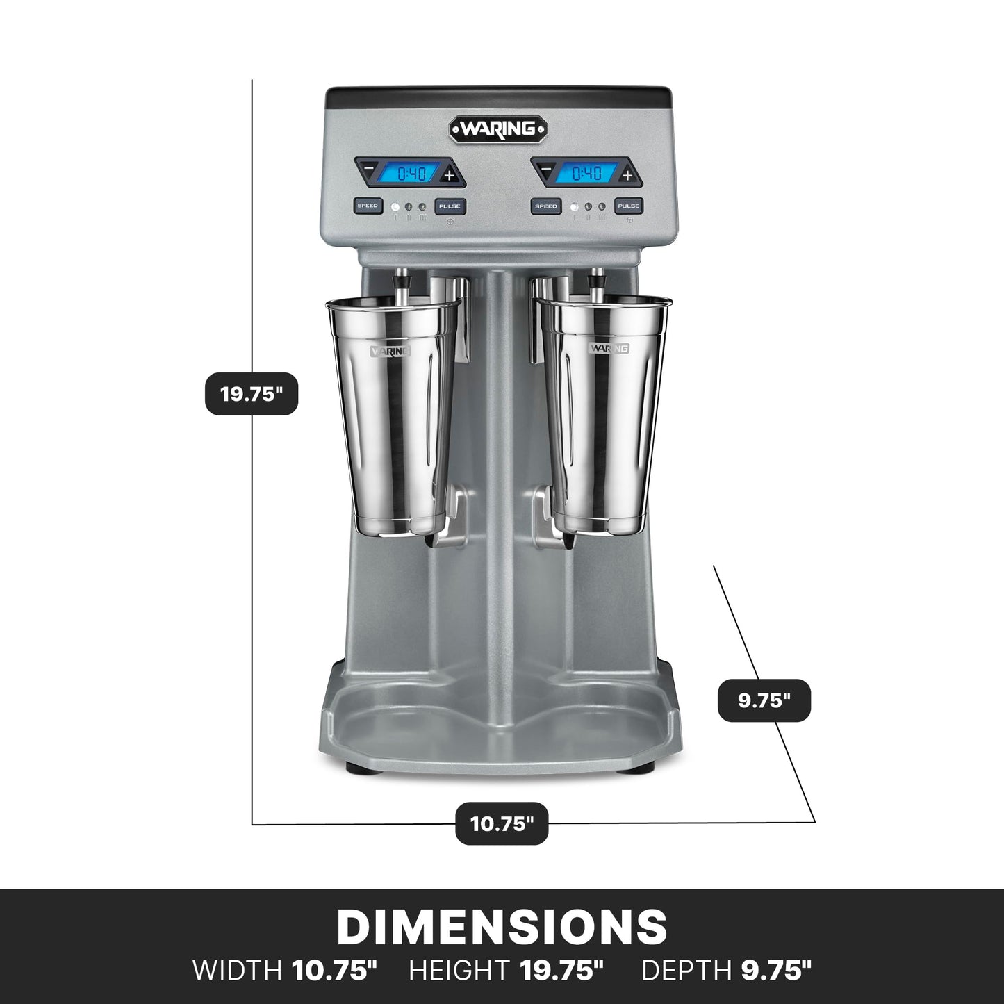 Waring Commercial WDM240TX Heavy-Duty Double Spindle Drink Mixer, Each Spindle Has Independent 1hp Motor, with Countdown Timer, Digital Display, Automatic Start/Stop, 120V, 5-15 Phase Plug, Silver