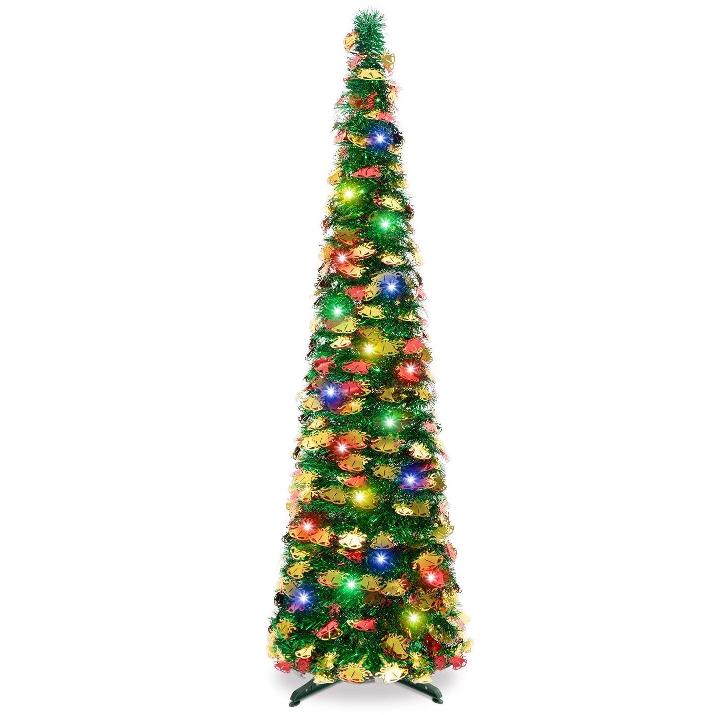5Ft Pop Up Christmas Tree with Lights, Collapsible Pencil Tree Green Gold, Skinny Christmas Tree Slim Xmas Tree, Artificial Tinsel Tree Foldable for Home Apartment Holiday Party Winter Decor