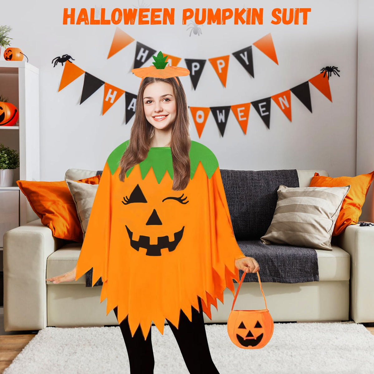 AOLIUP Halloween Pumpkin Costume for Women: Funny Adult Pumpkin Poncho Costumes for Halloween Cosplay Party Clothes with Headband Bag