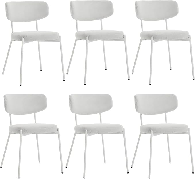 KCC Modern Mid-Century Velvet Dining Chairs Set of 6, Upholstered Stylish Kitchen Chairs Accent Diner Chairs with Metal Legs and Curved Back for Kitchen, Dining Room(White)