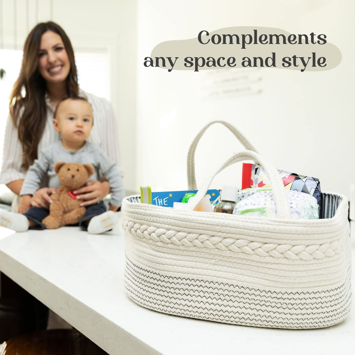luxury little Diaper Caddy Organizer, Large Cotton Rope Nursery Baby Basket, Changing Table Organizer for Baby Diaper Storage, Portable Car Organizer with Removable Divider, Baby Shower Gifts - White