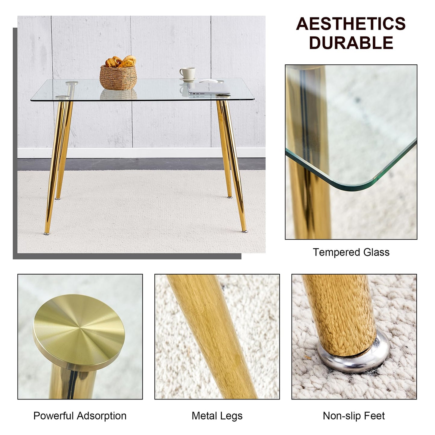 Ebullient Glass Dining Table Set for 4,5 Piece Dining Table and Chairs Set，Modern Kitchen Dining Room Table with 4 White PU Leather Dining Chairs,0.31” Tempered Glass Table Top with Gold Metal Legs