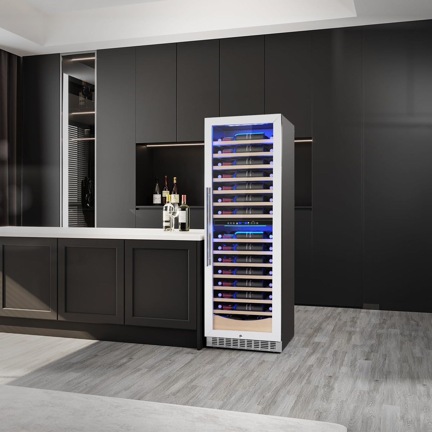 COWSAR 24 Inch Wine Cooler Drink Fridge, 105 Bottles Commercial Wine Fridge, Tall Freestanding/Built-in Beverage Refrigerator Glass Door with Removable Wooden Shelves, Blue LED Lights, Safety lock