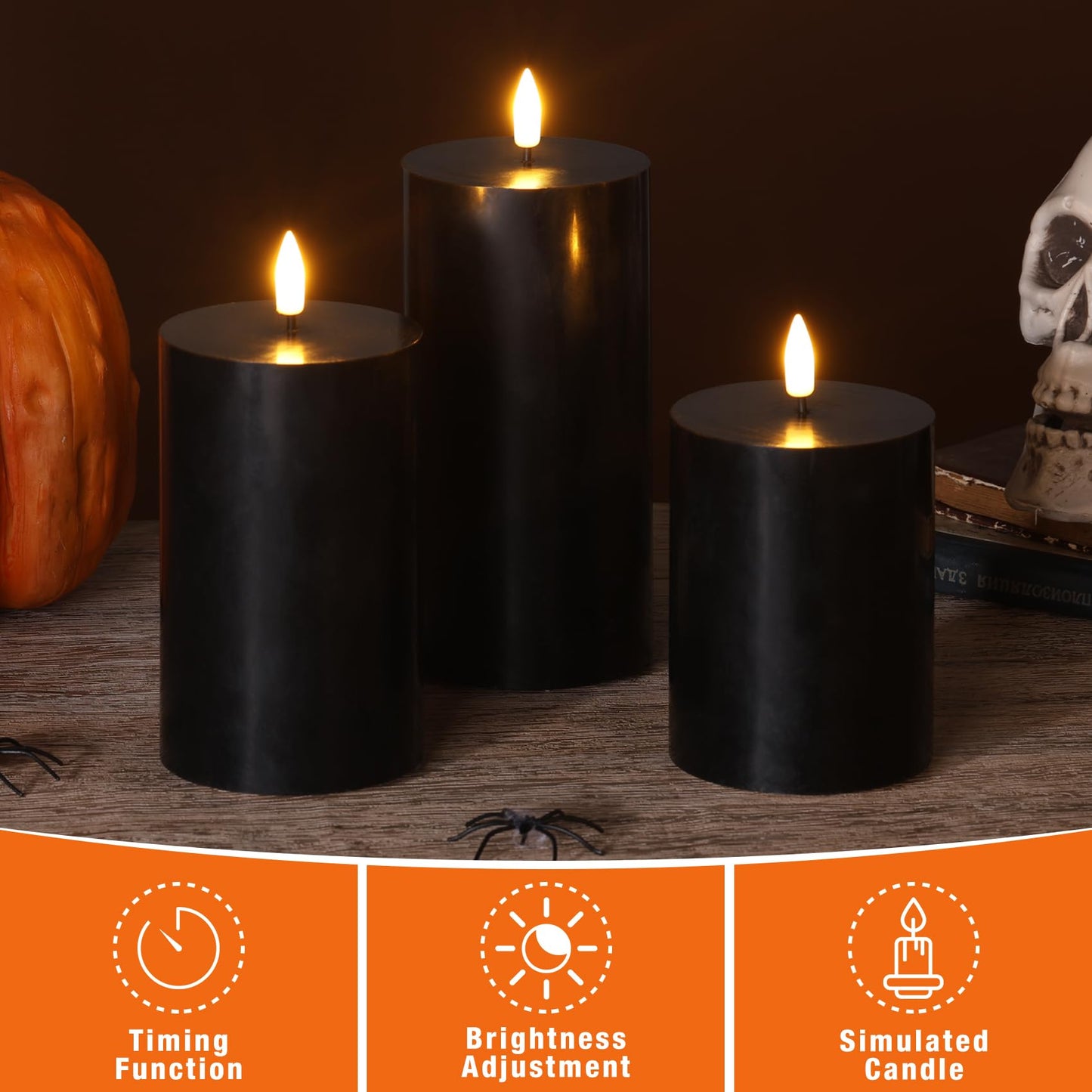 Girimax Black Halloween Flameless Candles with Remote, LED Pillar Candles Set of 3, Flickering Real Wax Electric Candles Battery Operated