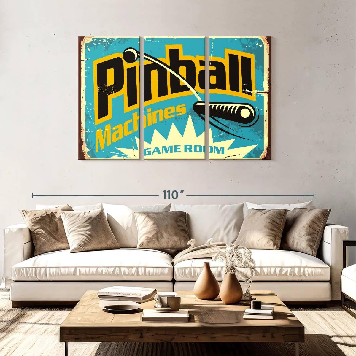ElephantStock Pinball Machine Game Room Wall Art - Horizontal Canvas - 3-Piece Living Room Wall Decor - Retro Digital Art Canvas Print - Turquoise and Black Decor for Wall - 74" X 48"