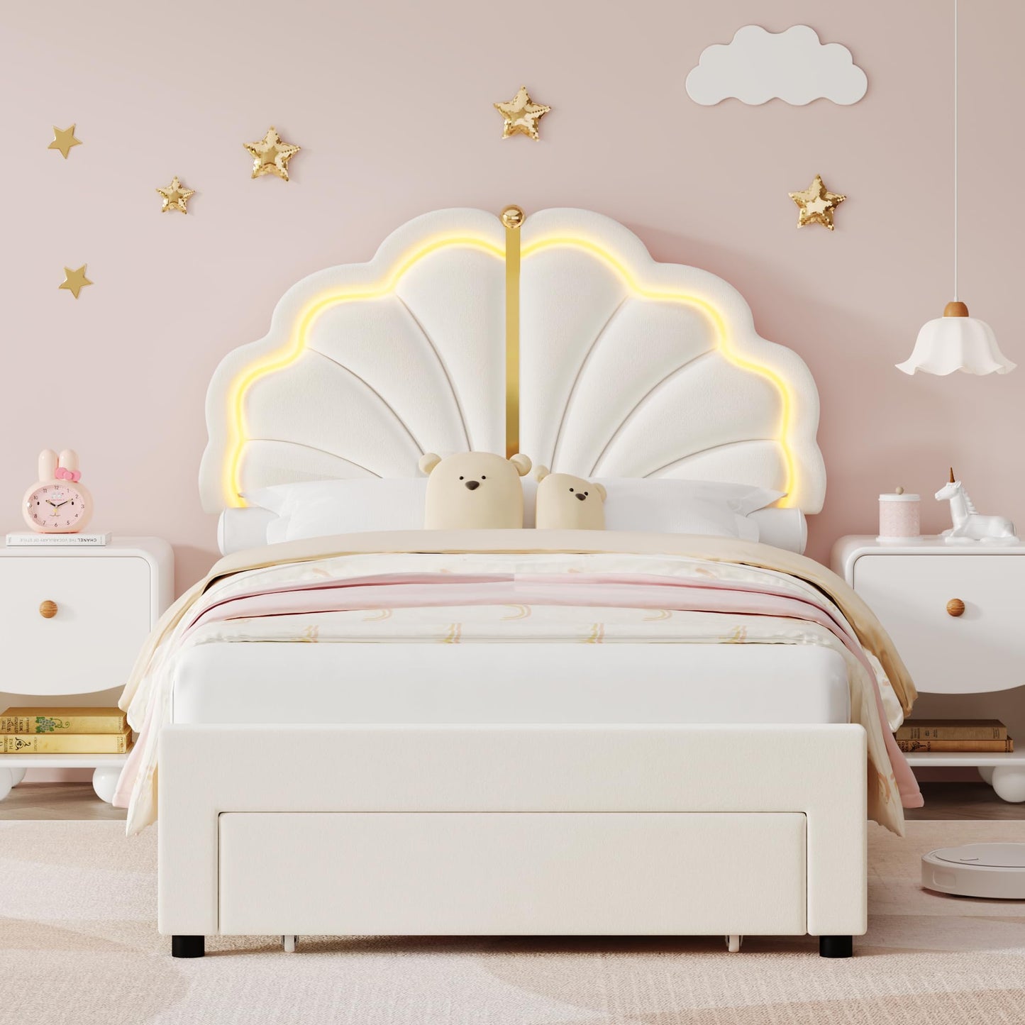 Keyluv Twin Upholstered LED Bed Frame with Storage Drawers, Soft Velvet Princess Platform Bed with Adjustable Cute Shell Headboard, No Box Spring Needed, Noise-Free, Beige