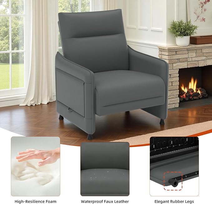 Tbillionnext 3-Piece Living Room Sofa Set, Faux Leather Loveseat & Accent Chairs Set of 2 with Hidden Foldable Tray & Side Pocket, Rear Contour Arm Design, Upholstered Sofa Set for Office, Gray