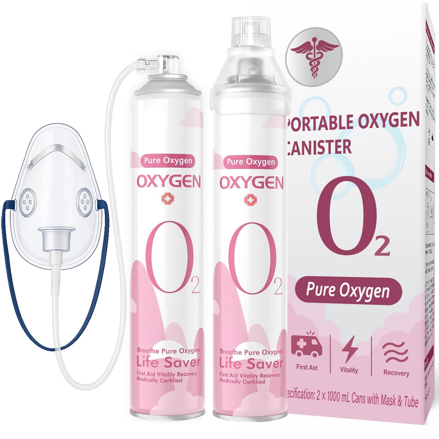 Extra Tall 99.5% Oxygen Canisters with Facemask & Rebreather Mask with Tubing – Portable Oxygen Support for Travel, Activity & Daily Use, 2 Pack