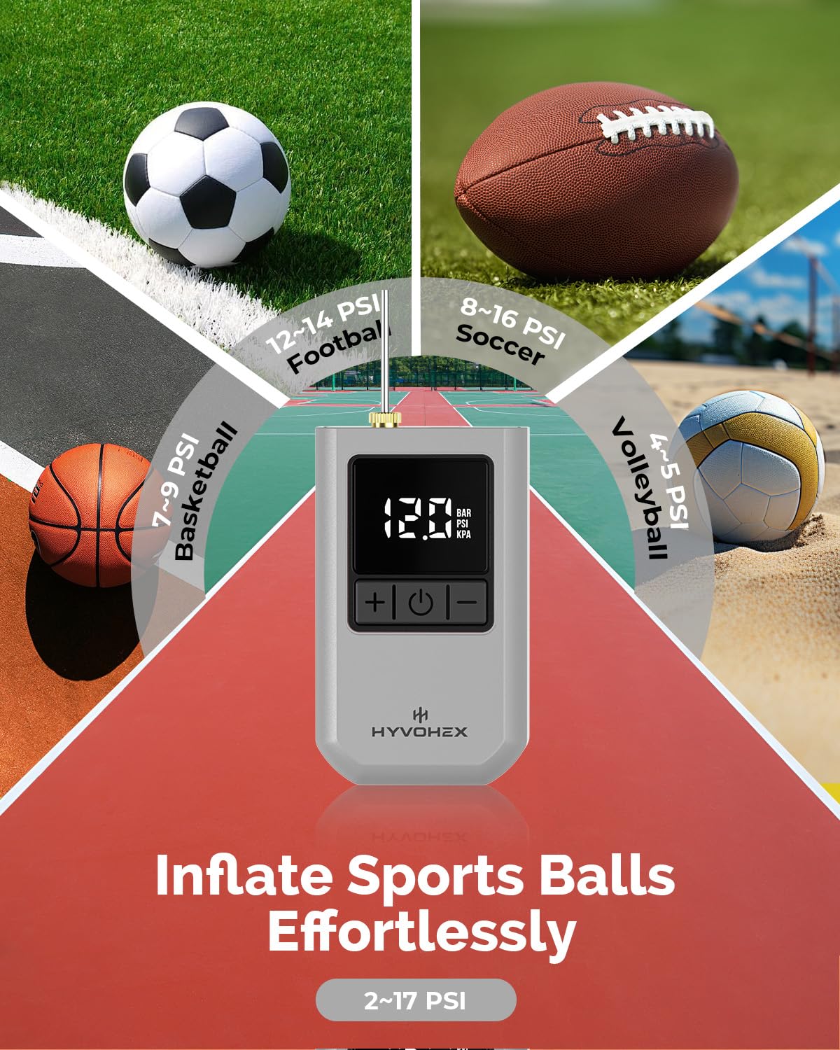 Ball Pump for Sports Balls, HYVOHEX Portable Electric Basketball Pump Ultra Fast Inflation, with Digital LED Display Air Pump for Balls, Preset Pressure with Ball Needle for Soccer, Volleyball