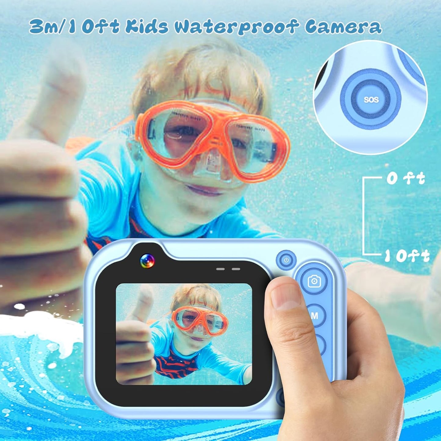 Nawchedo Kids Waterproof Camera, 10FT Underwater Camera, 26MP HD 10X Digital Camera with 2.4" IPS Screen, Kids Action Camera, Blue
