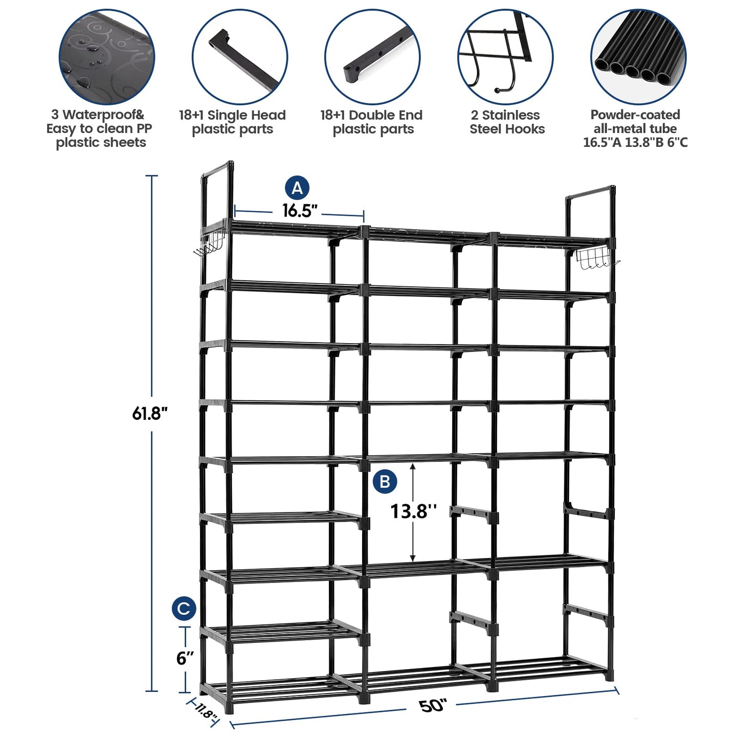 Mavivegue 9-Tier Metal Shoe Rack - Holds 50-55 Pairs, Tall Storage Shelf for Shoes, Boots, Entryway, Closet, Garage