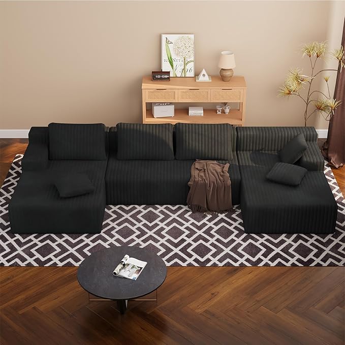 LAUSAINT HOME 132" Modular Sectional Sofa Couches, U-Shaped Boneless Cloud Sofa with 4 Deep Seat, 6 Cushiones Oversized Chaise for Living Room, Bedroom, Plush Corduroy Fabric (U Shaped Sofa, Black)
