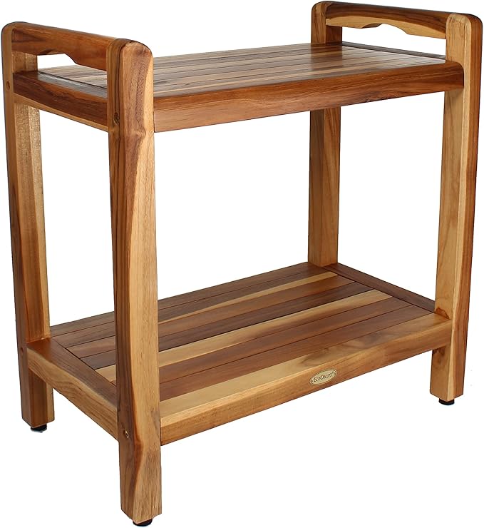 EcoDecors Eleganto 22" H Seat / 24" H Total Extended Height Teak Shower Bench | Supports up to 250 lbs, Safe and Stable Seating | Waterproof Wood Stool for Bathroom | Built-in Shelf