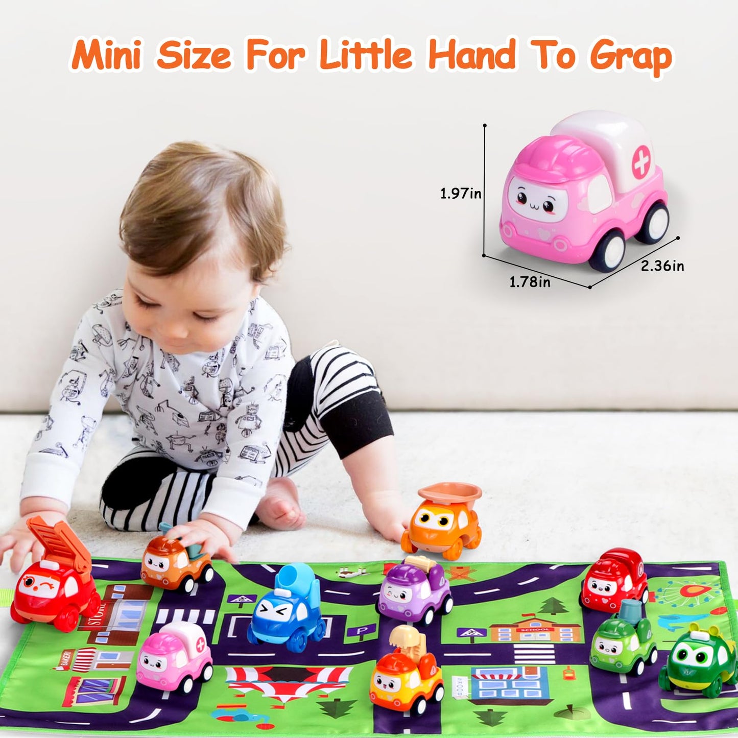 Lemofix Toy Cars for 1 Year Old: 10 Pack Cute Vehicle with Playmat for 1 2 Year Old Boy Birthday Gift - Baby Toys 12-18 Months