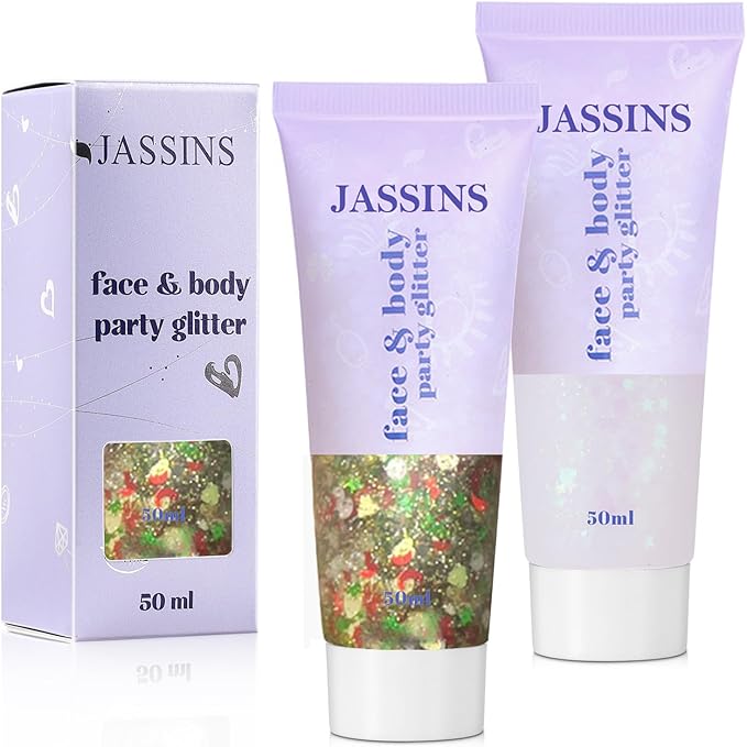 JASSINS 2PCS Body Glitter, 100ml Christmas Face Glitter for Women Girls Kids, Glitter Gel Makeup Tween Gifts, Singer Conce...