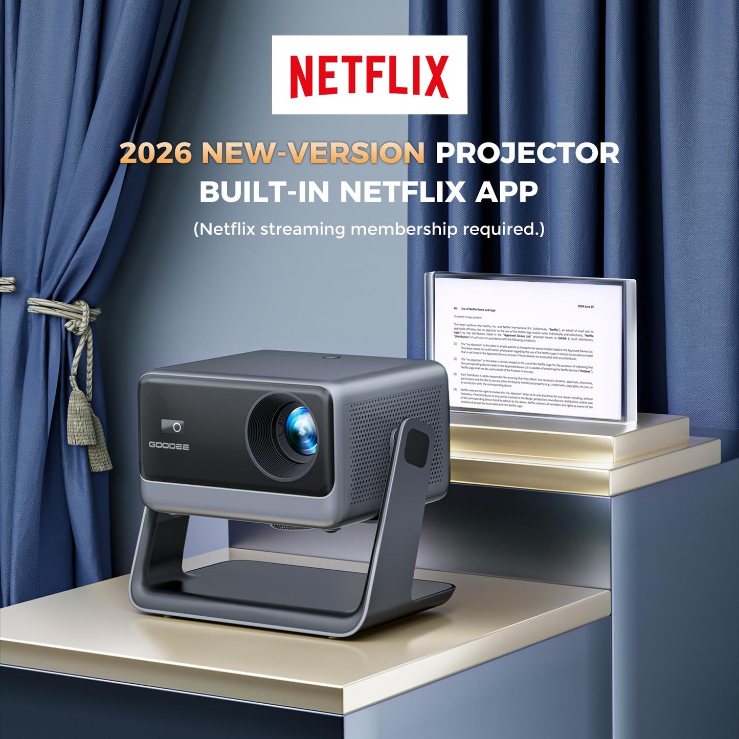 GooDee Video Projector With Wifi And Bluetooth, Smart Portable Projector Movie System Compatible with Netflix/Dolby Audio/Auto Focus & Keystone, 4k Video Decode & 1080p Native For Home Theater/Outdoor