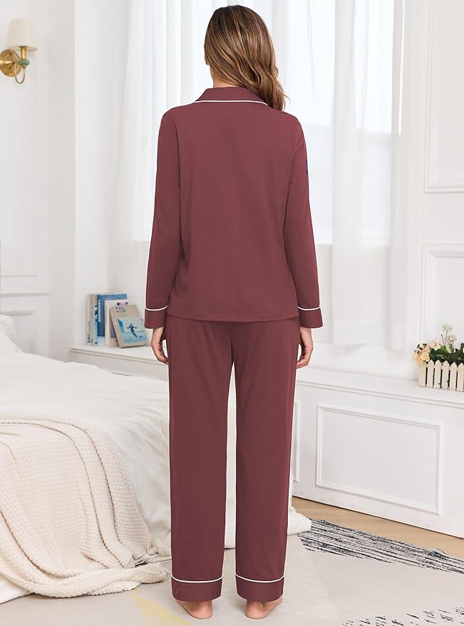 Veseacky 100% Cotton Pajamas for Women Set Long Sleeve Button Down Sleepwear Soft Pjs Lounge Sets with Pockets XS-XXL