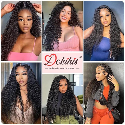 Dokihis 13x6 Deep Wave Lace Front Wigs Human Hair 22 Inch 200 Density HD Lace Frontal Glueless Wigs Human Hair Pre Plucked Deep Curly Wig with Baby Hair Natural Black