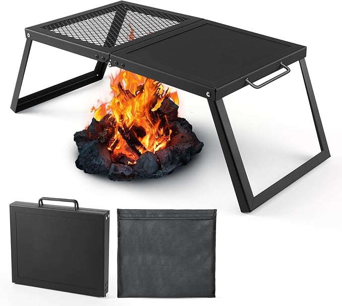 Odoland Folding Campfire Grill, Heavy Duty Steel Mesh Grate with Folding Legs and Storage Bag, Portable Camping Grates, Ov...