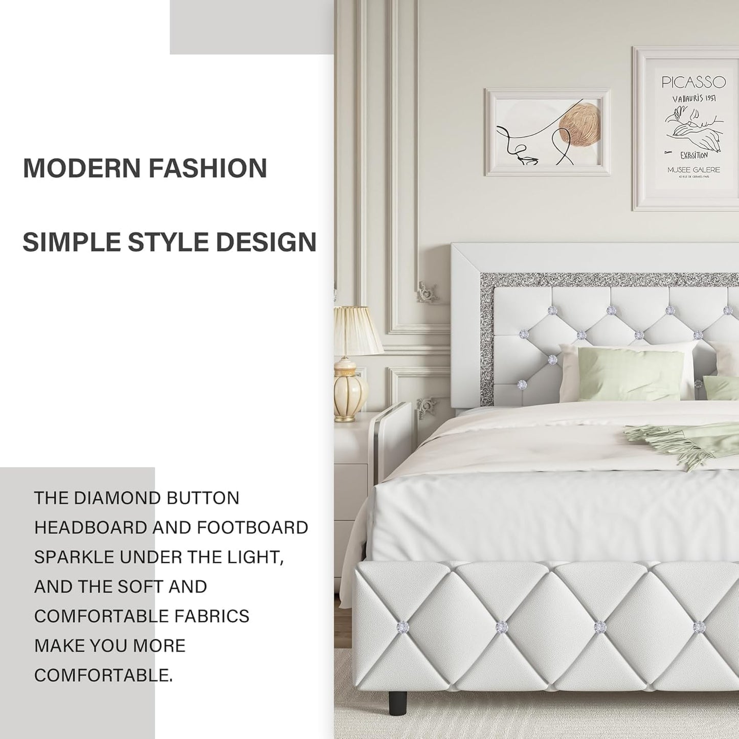 Twin Size Bed Frames, Upholstered Platform Bed with Button Tufted Headboard, Princess Platform Bed with Diamond Design, Wooden Slats Support, No Box Spring Required, Easy Assembly, White