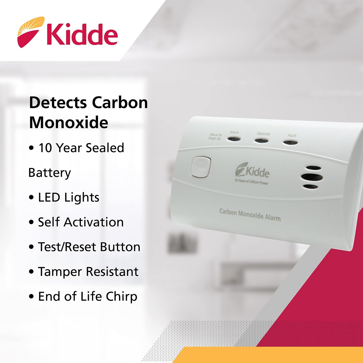 Kidde Carbon Monoxide Detector with 10-Year Battery, 3 LEDs, Replacement Indicator, Test-Reset Button, 2 Pack