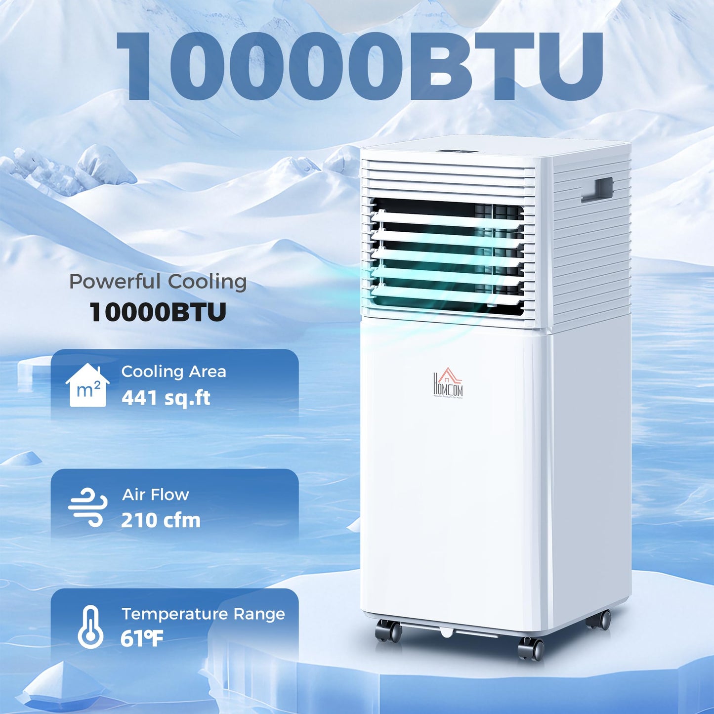 HOMCOM 10000 BTU Mobile Portable Air Conditioner for Rooms Up to 441 Sq.Ft., 4-in-1 AC Unit with Cooling, Dehumidifier, Fan, Sleep Mode, Remote, 24H Timer, LED Display, Window Installation Kit, White
