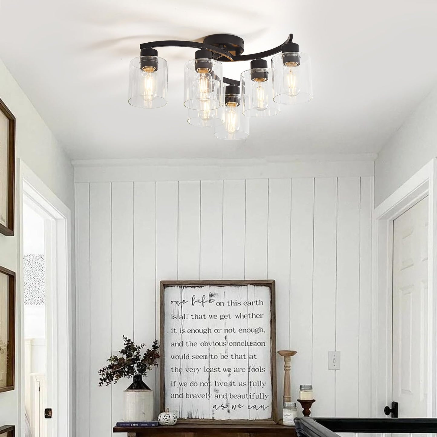 Eatich 6-Light Ceiling Light, Semi Flush Mount Ceiling Light Fixture, Kitchen Lighting Fixtures Ceiling, Farmhouse Black with Clear Glass Shade for for Dining Room Bedroom Living Room