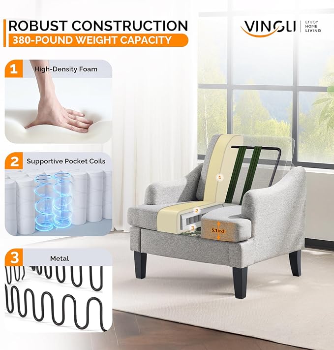 VINGLI Linen Fabric Accent Chair Grey, Modern Upholstered Armchair, Comfy Sofa Chair Living Room Bedroom Furniture for Apartment