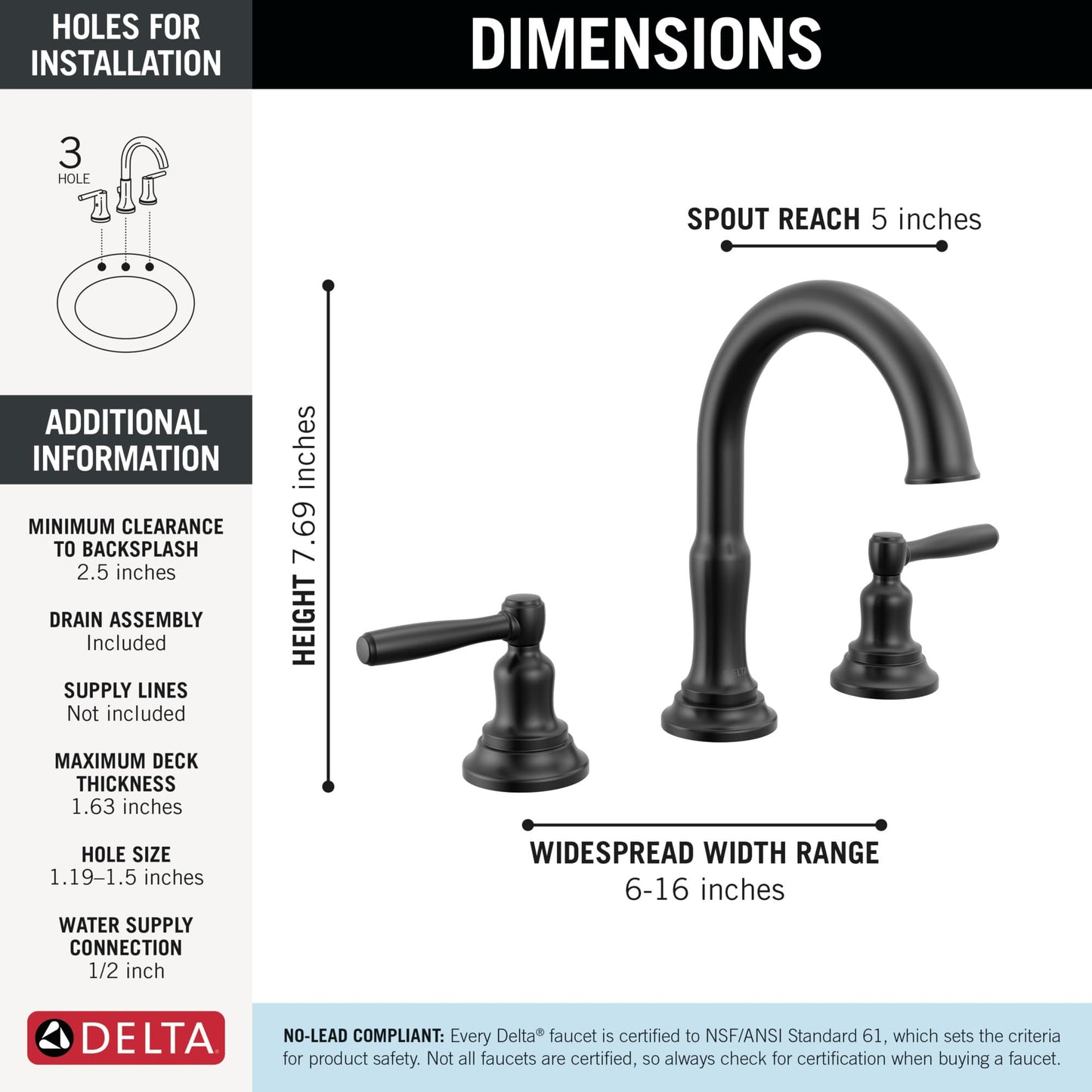 Delta Roe Matte Black Bathroom Faucet 3 Hole, 8 Inch Widespread Bathroom Sink Faucet for Vanity, Push-Pop Drain Assembly, Matte Black 35985LF-BL