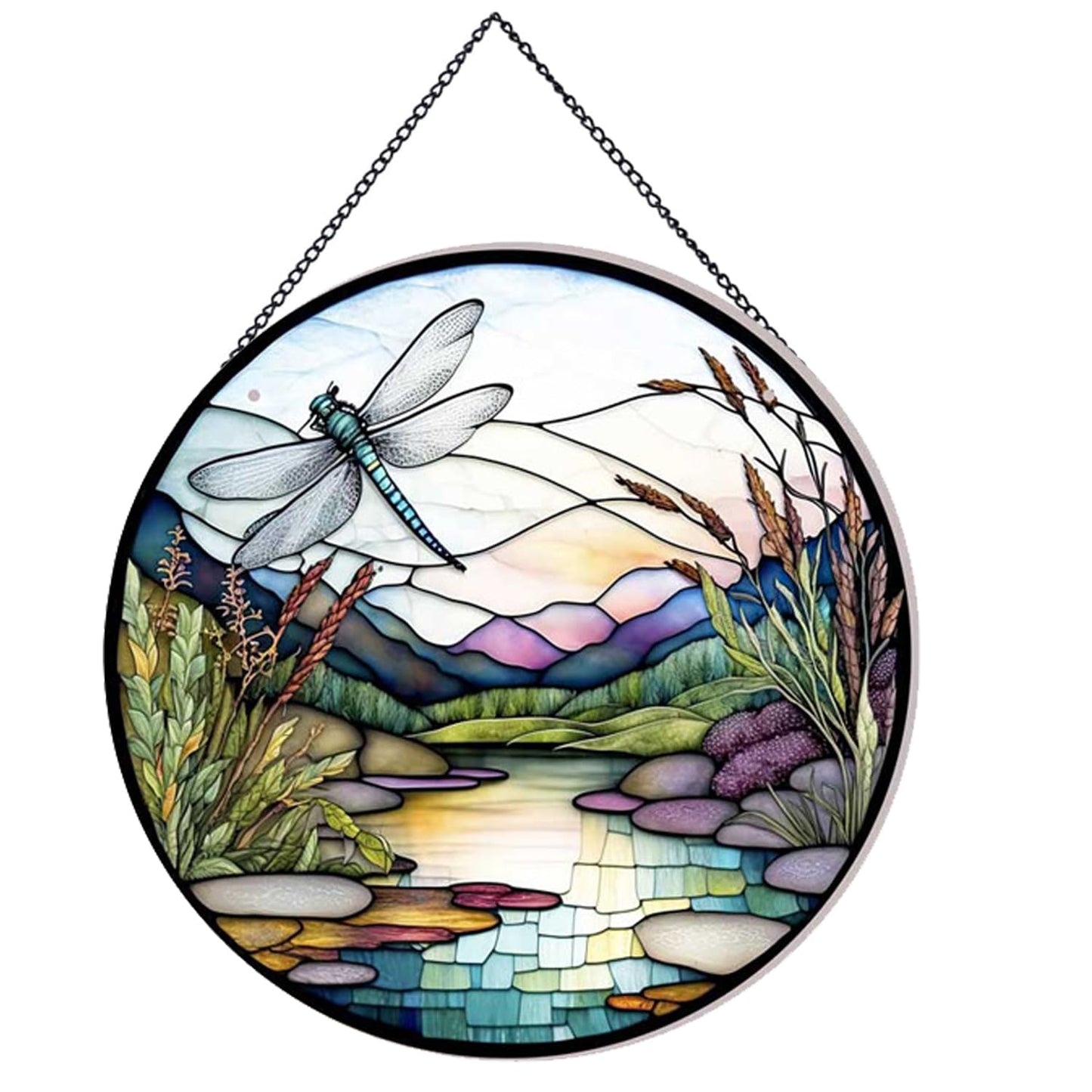 Payutou River and Dragonfly Pattern Suncatcher Stained Glass,Hanging Stained Glass for Windows,20cm/7.87inch Hand-Painted Sun Catcher Garden Hangings Painted Glass Panel Decor Themed Gift