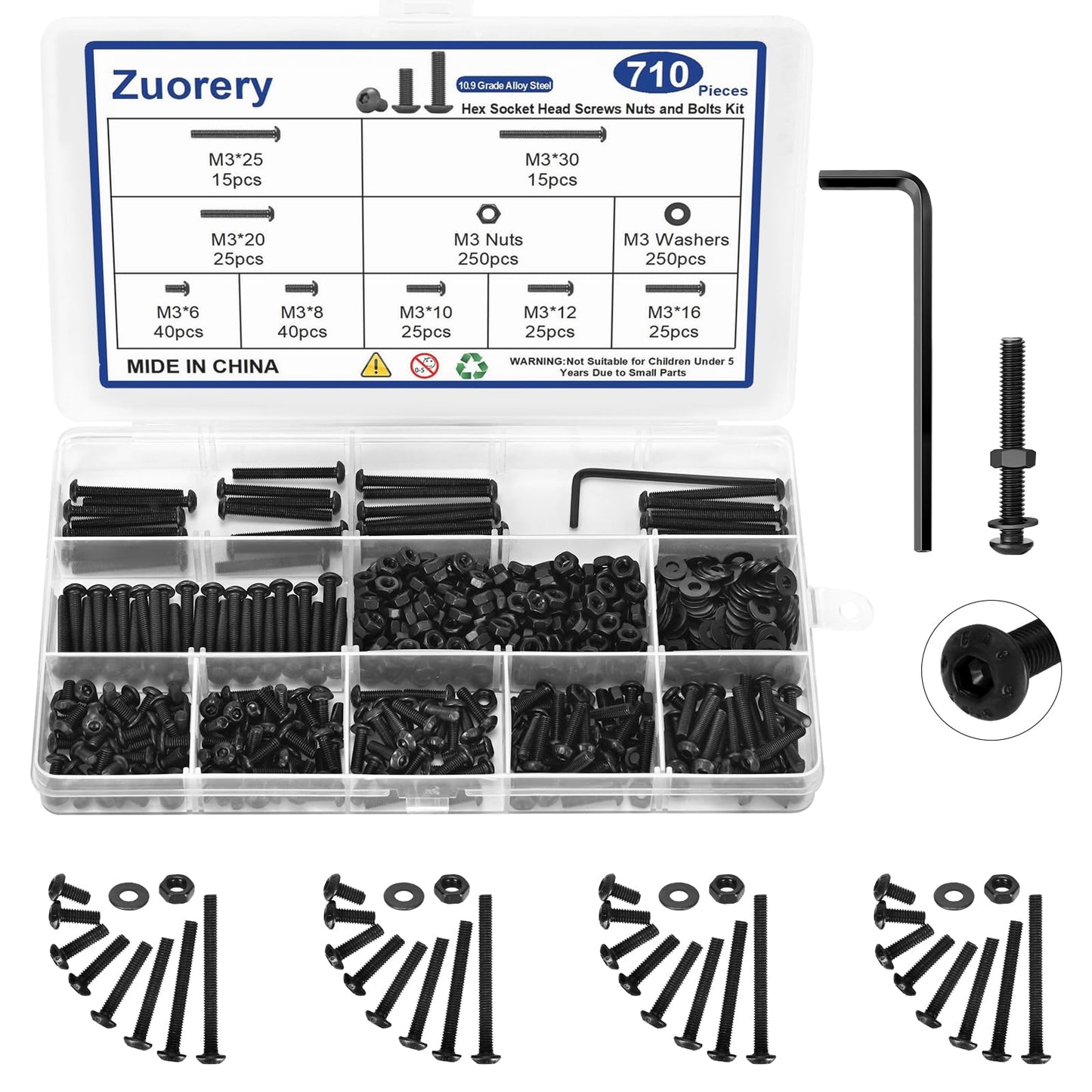 710PCS M3 Screw Assortment Kit, M3x6/8/10/12/16/20/25/30mm M3 Screw Kits, 10.9 Grade Alloy Steel Metric Hex Button Head Cap Screws, Nuts and Flat Washers, Black Zinc Plated Screw Set for 3D Printing