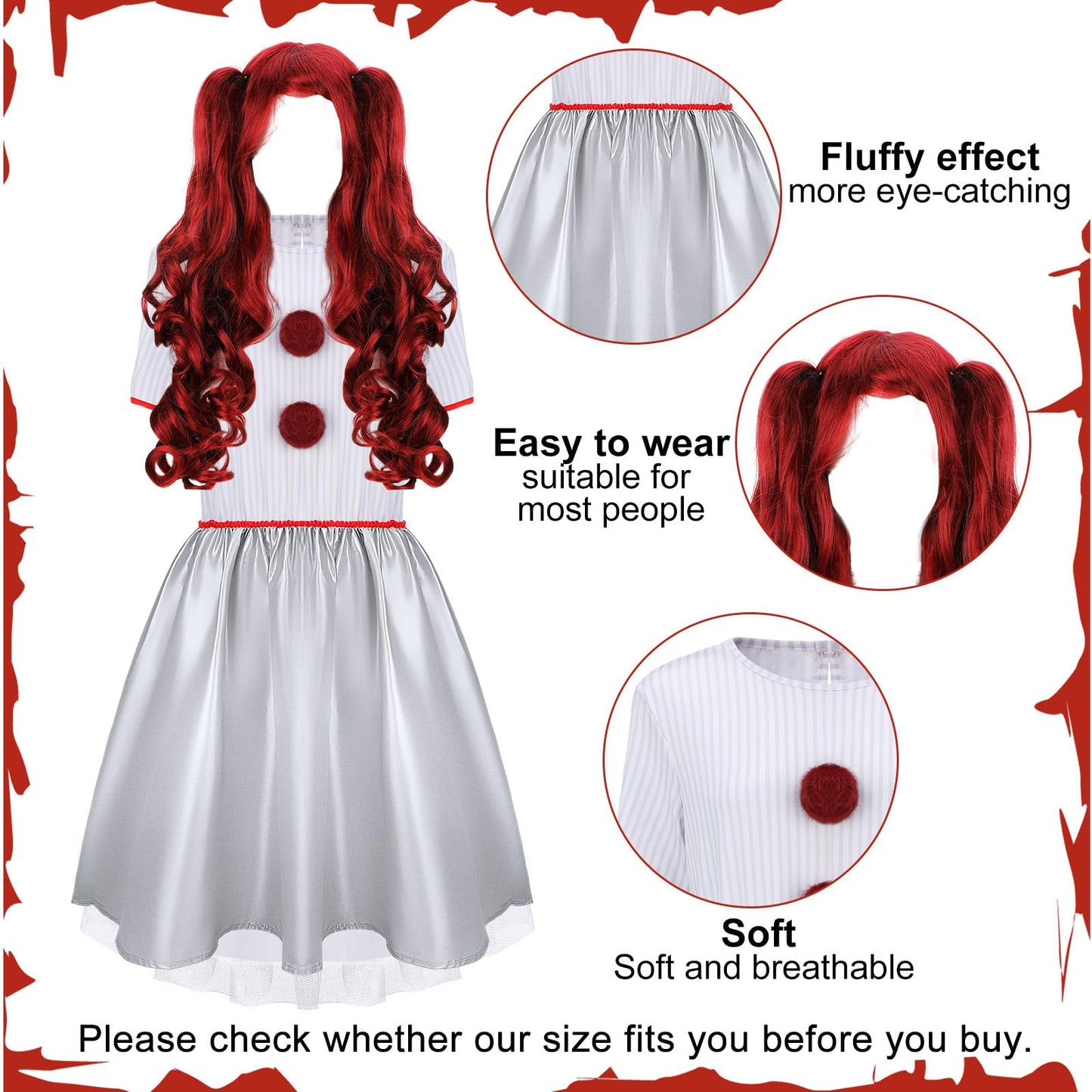 Toulite Halloween Carnevil Clown Costume for Women Clown Wig Dress up Clown Costume for Halloween Scary Cosplay Party (Large), White