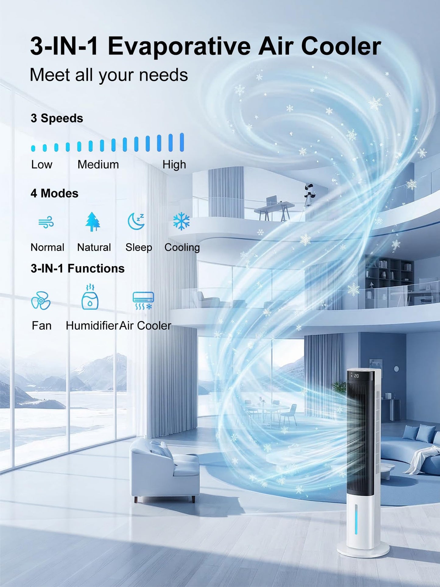 MEPTY Evaporative Air Cooler, 40" Windowless Portable Air Conditioners with 24H Timer, Cooling Fans that Blow Cold Air, 3 Speeds, 4 Modes, Remote,120°Oscillation, Swamp Cooler for Indoor Room Bedroom