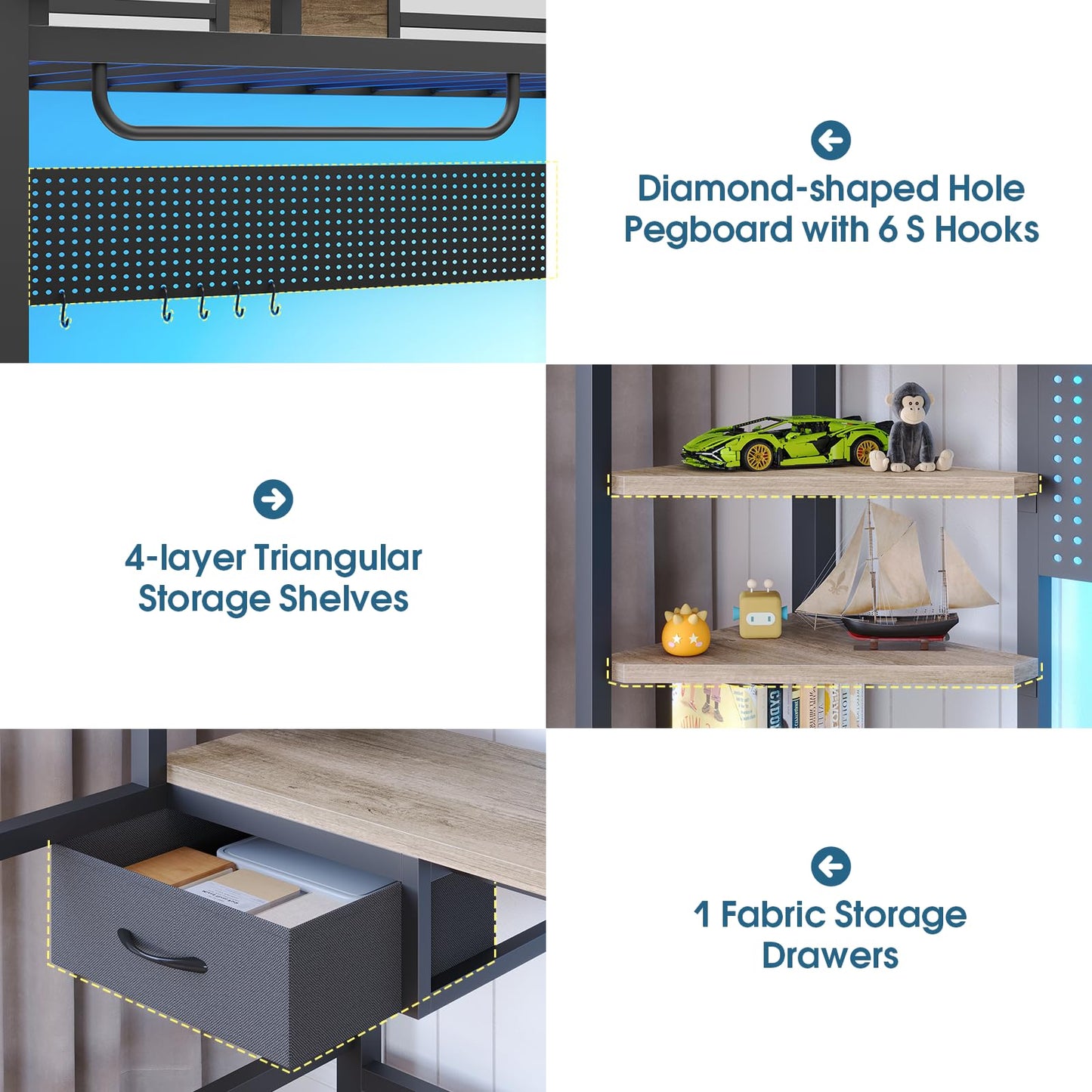 Loft Bed with Desk, Twin Bunk Bed with Desk Underneath,Loft Bed with Stairs,LED Lights and Charging Station,Safety Guard & Ladder & Fabric Drawer, loft Bed Twin Size No Box Spring Needed, Oak Gray