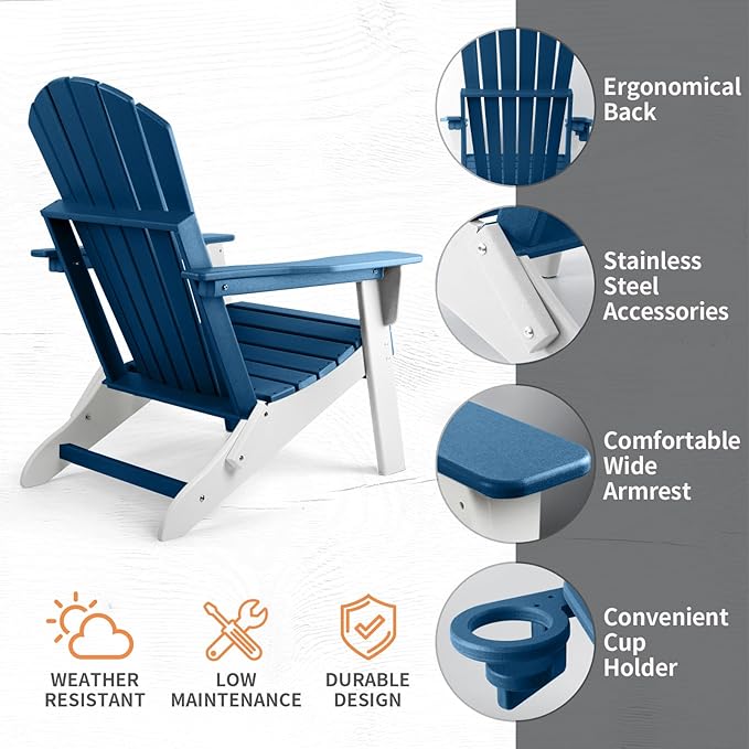 FUNBERRY Folding Adirondack Chair Set of 6, All Weather HDPE Fire Pit Chairs with Cup Holder for Outdoor