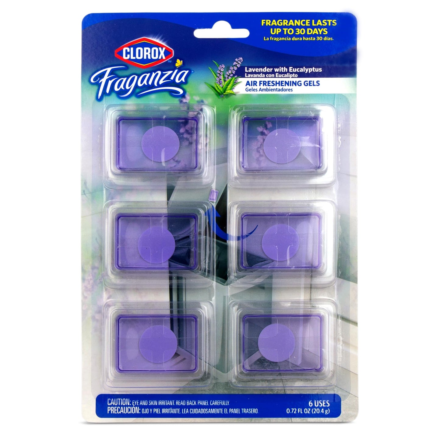 Clorox Fraganzia Stick-On Gel Fresheners, Lavender with Eucalyptus Trash Can Deodorizer Up to 30 Days Scent, Odor Absorber for Kitchen, Bathroom, Closet, No Plug or Batteries, 0.12 Fl Oz, 6 Count
