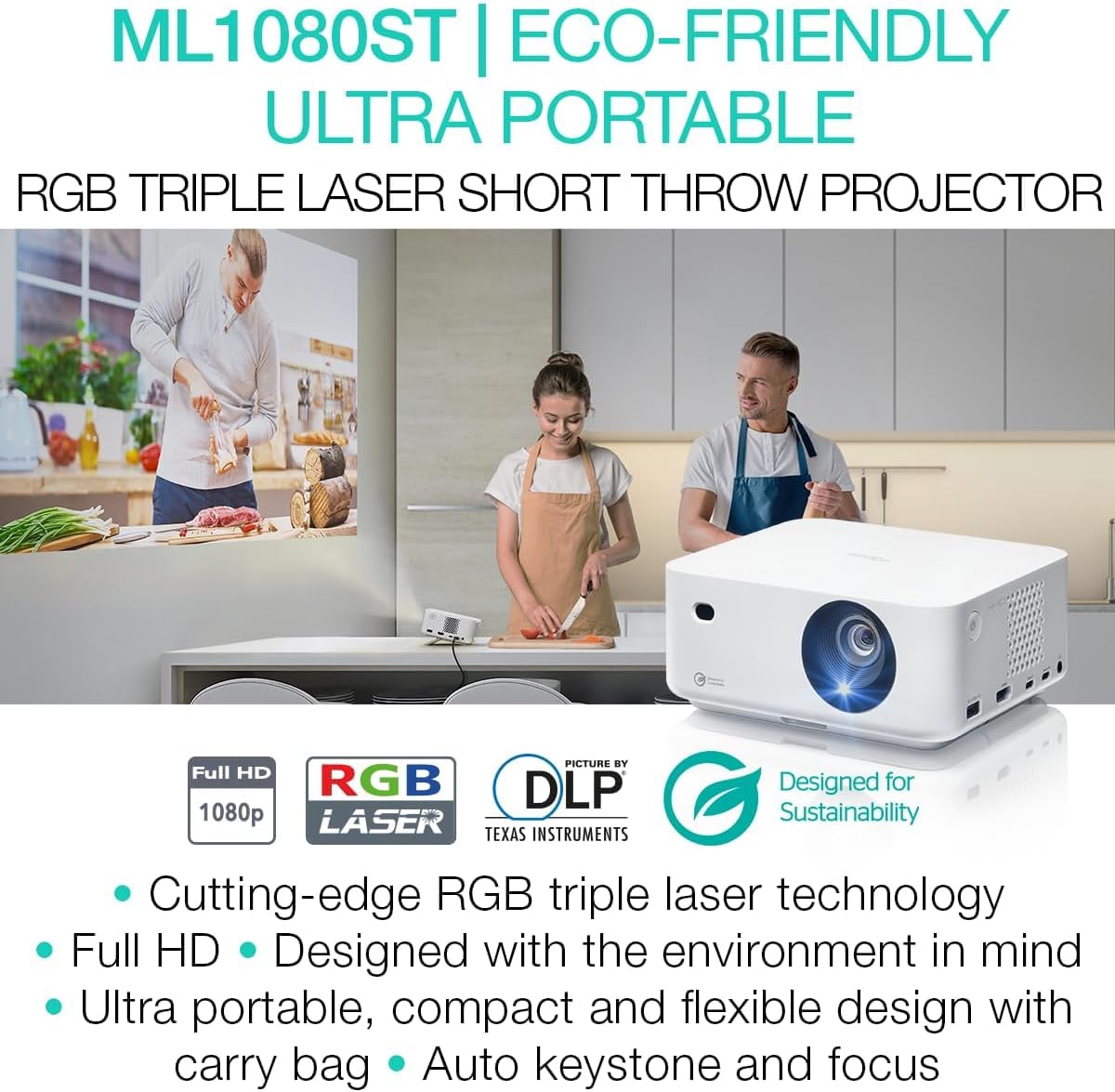 Optoma ML1080ST Ultra-Portable Short Throw Full HD Laser Projector, 1200 Lumens