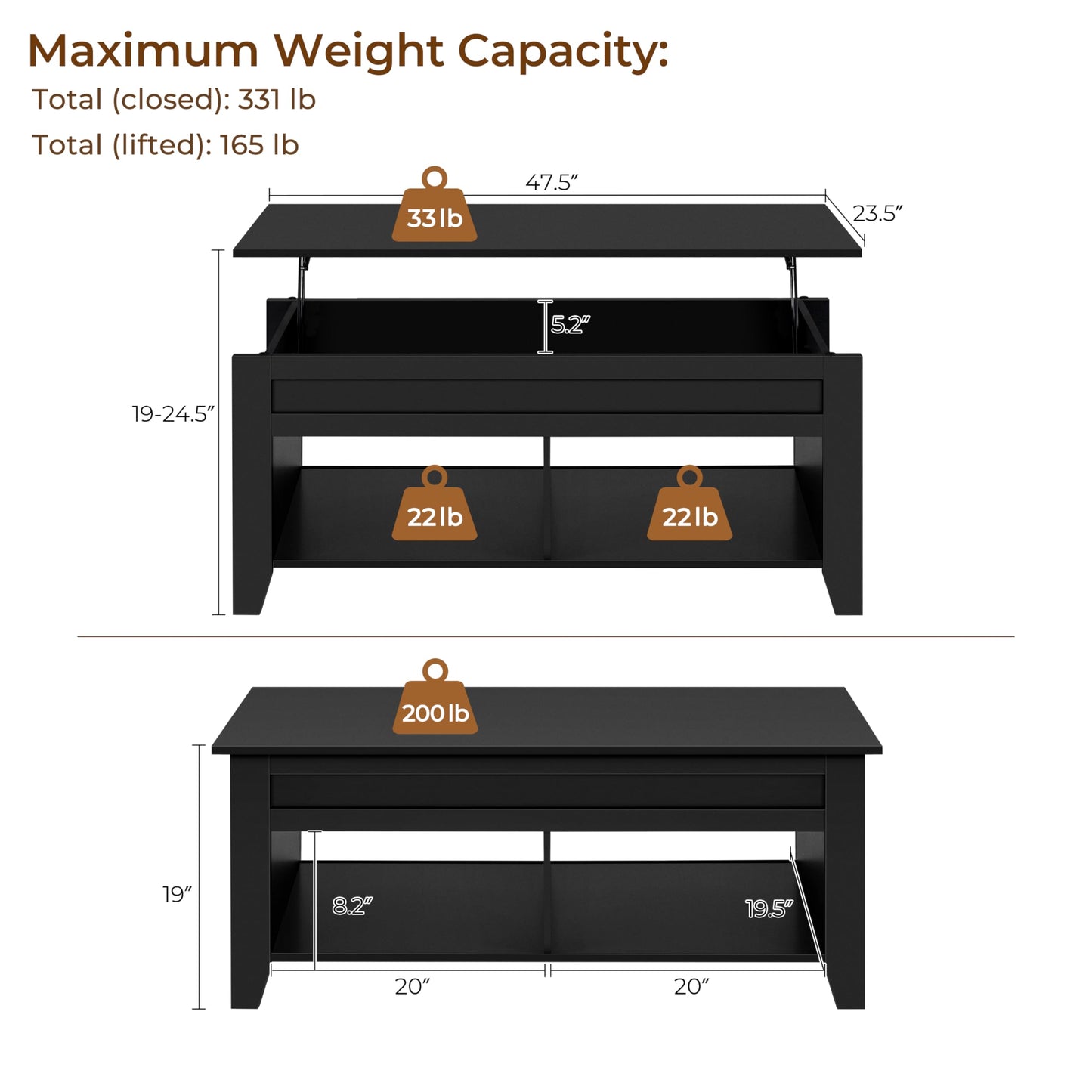 Yaheetech Black Coffee Table, Lift Top Coffee Tables with Hidden Storage Compartment & Open Shelf, Lift Tabletop Pop-Up for Living Room Reception, 47.5inch L