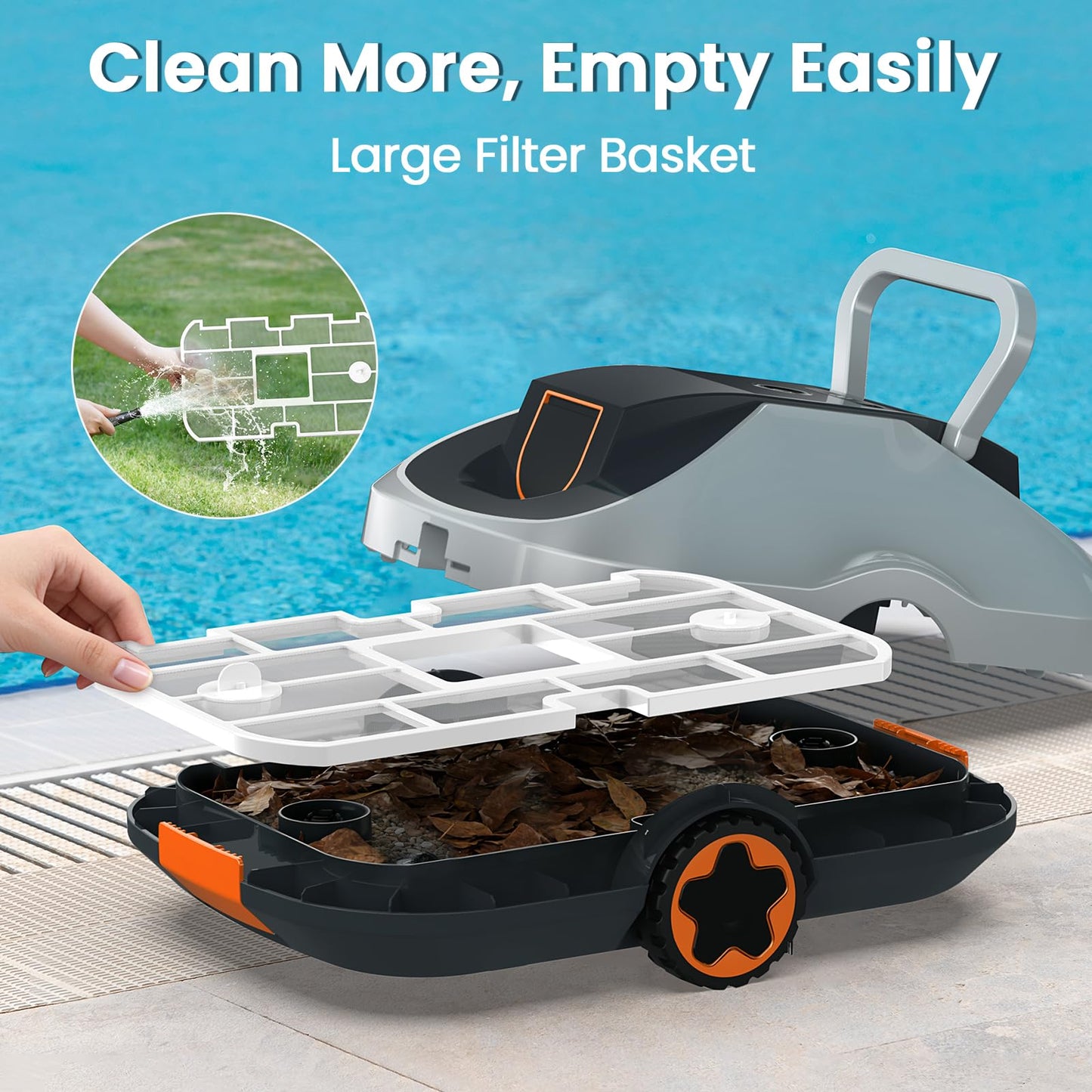 Zebary C1 Robotic Pool Cleaner, 200-Min Cordless Pool Vacuum for Above Ground & Inground Pools up to 2500 Sq.ft, Automatic Pool Vacuum Robot for Leaves & Dirt, Powerful Suction Self-Parking-Orange