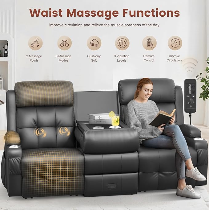 Aotolo Recliner Sofa, Massage Reclining Sofa 3 Seater Sets Heavy Weight Capacity, RV Loveseat Couch Clearance with Flip Back Console, Storage, Cup Holders, Wall Hugger Reclining Couch for Living Room