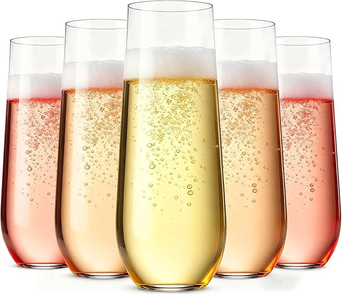 Guanqiao 12 Pack Stemless Plastic Champagne Flutes, 9 oz Clear Disposable Plastic Glasses, Heavy Duty Shatterproof Recycla...