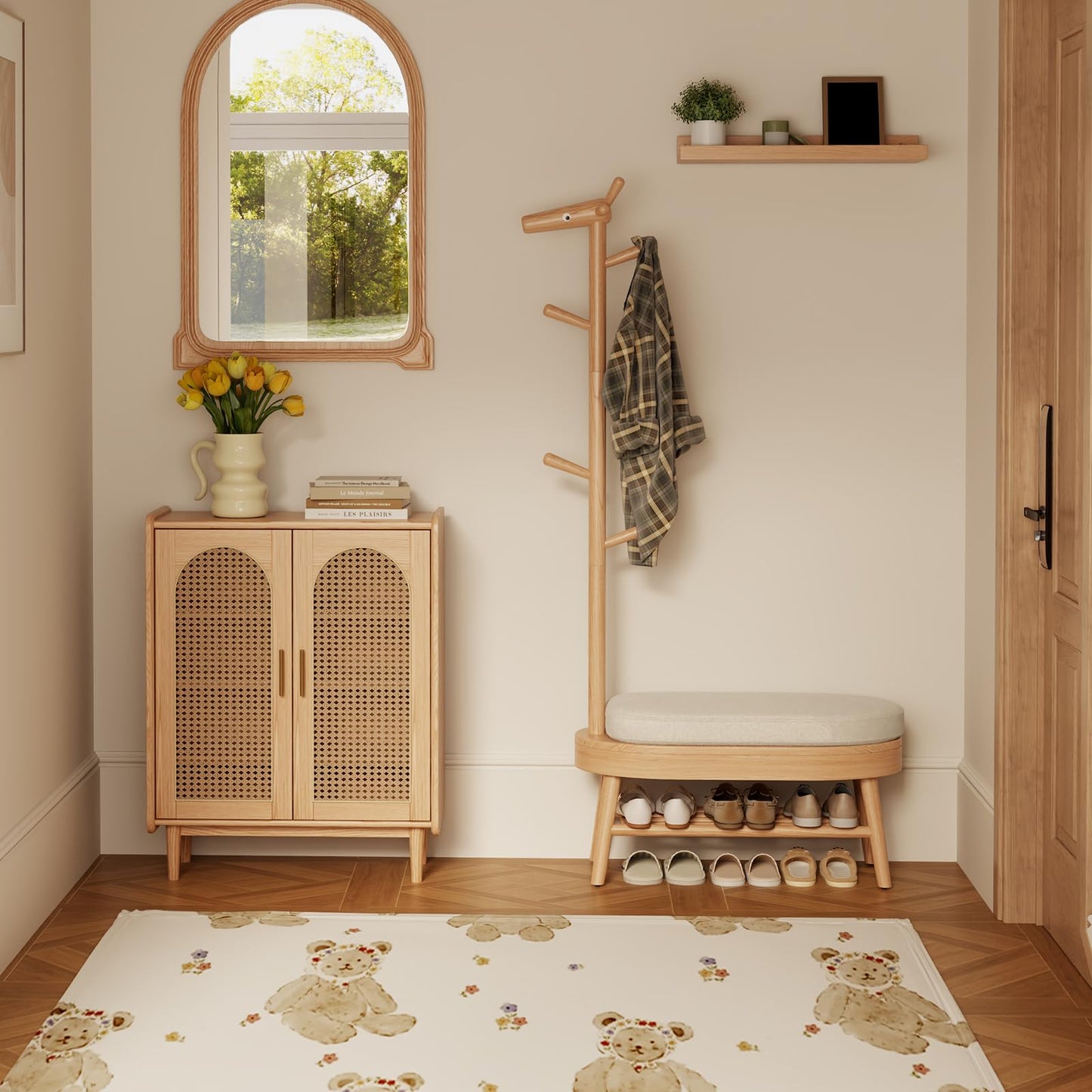 AQIMUELE Coat Rack with Shoe Storage, Wooden Shoe Bench with Coat Rack and Storage for Bench, (Natural)
