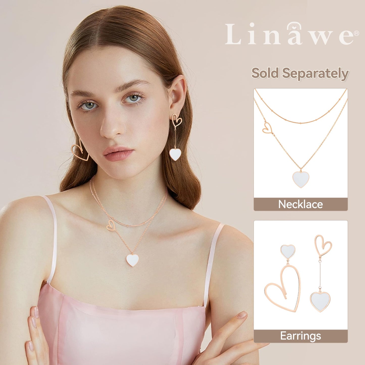 Linawe Rose Gold Heart Earrings for Women, Titanium Stainless Steel Drop Dangle Earrings, Hypoallergenic Unique Big Asymmetrical