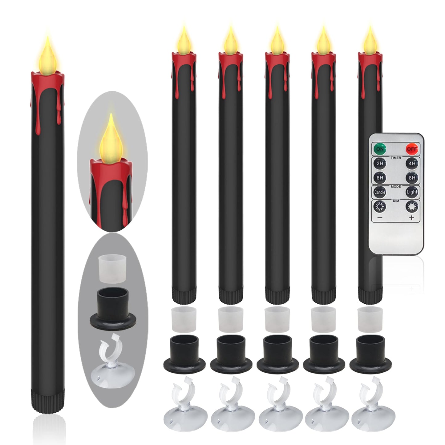 VICANBLE Halloween LED Flameless Taper Candles Black Red Drip with Remote Timer, 6 Pcs Candlesticks with 3D Flickering Flame for Home Fall Indoor Decorations(0.85 x 10.6 Inches)