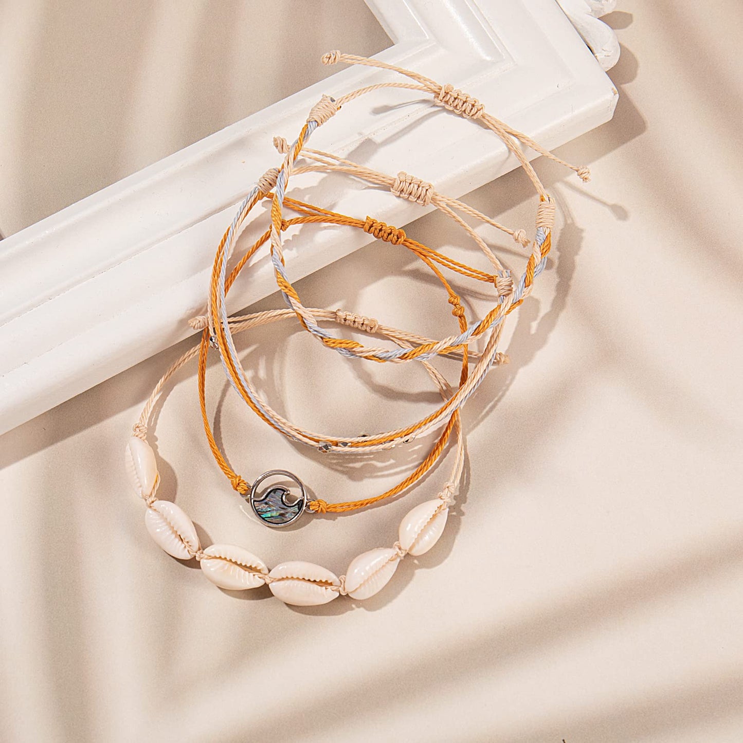 FANCY SHINY Wave String Bracelets Braid Puka Shell Bead Bracelets Handmade Cute Trendy Abalone Boho Jewelry Gifts for Women(Dark