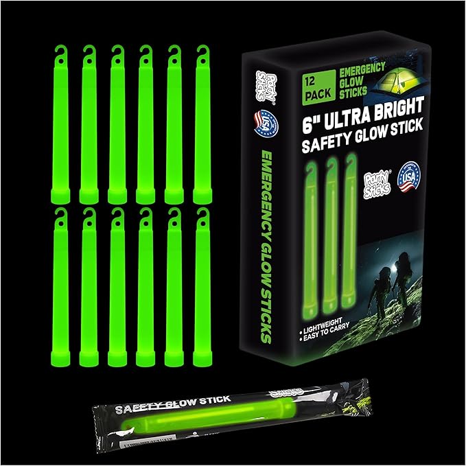 PartySticks Emergency Glow Sticks - 12 Ultra Bright Individually Wrapped Military Grade Chem Lights - 12 Hour Bulk Tactica...
